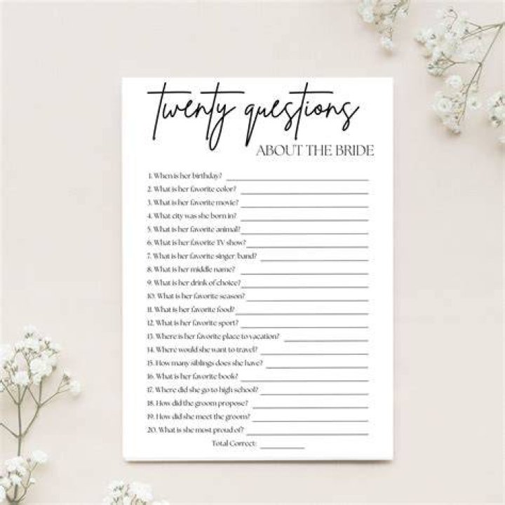 20 Questions For the Bride Bachelorette party games, Bride game