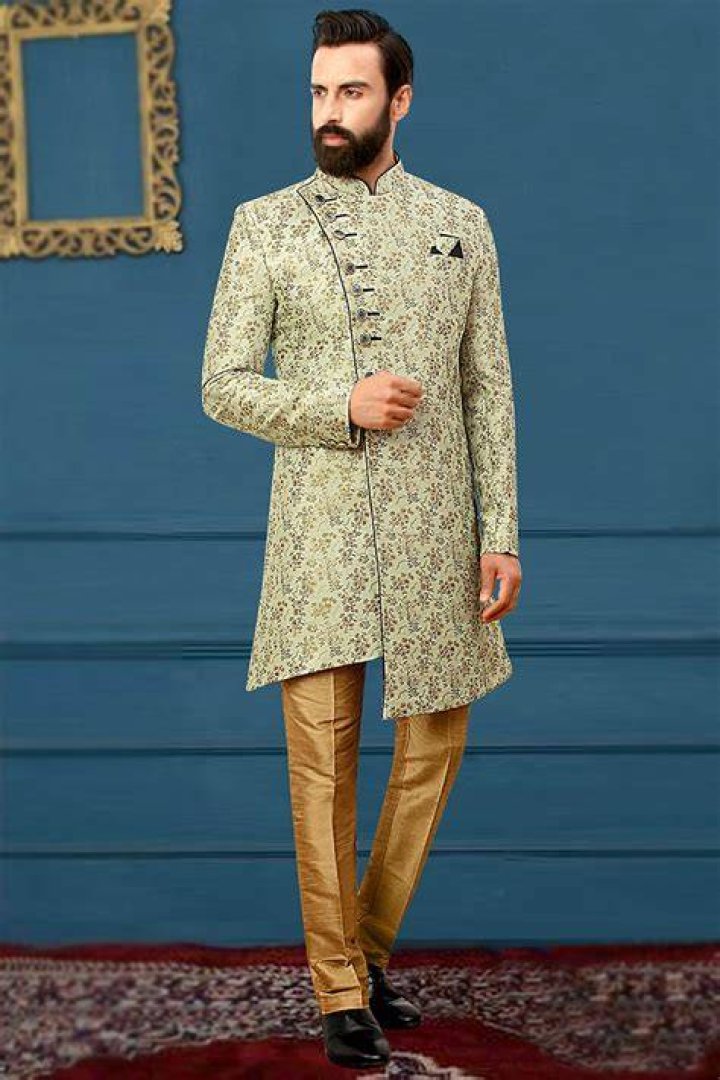 Brocade Sherwani in Green with Stone work in 2019 Sherwani, Wedding sherwani, Men dress